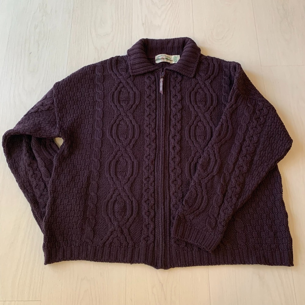 Aran Crafts Ireland 100% Merino Wool Cable Knit Zip Cardigan Sweater XXL Plum